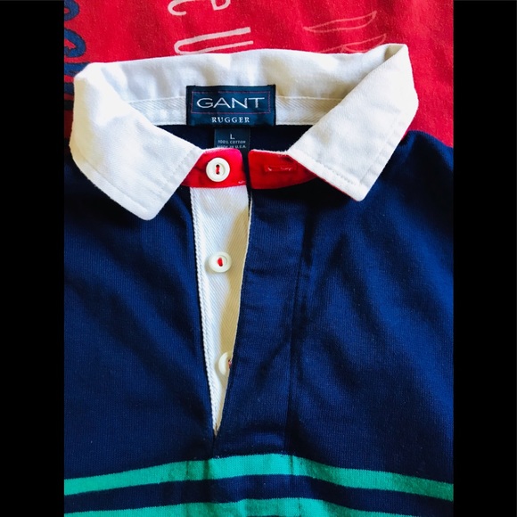 Gant Rugger Red Blue Green White stripe polo shirt - Picture 3 of 11